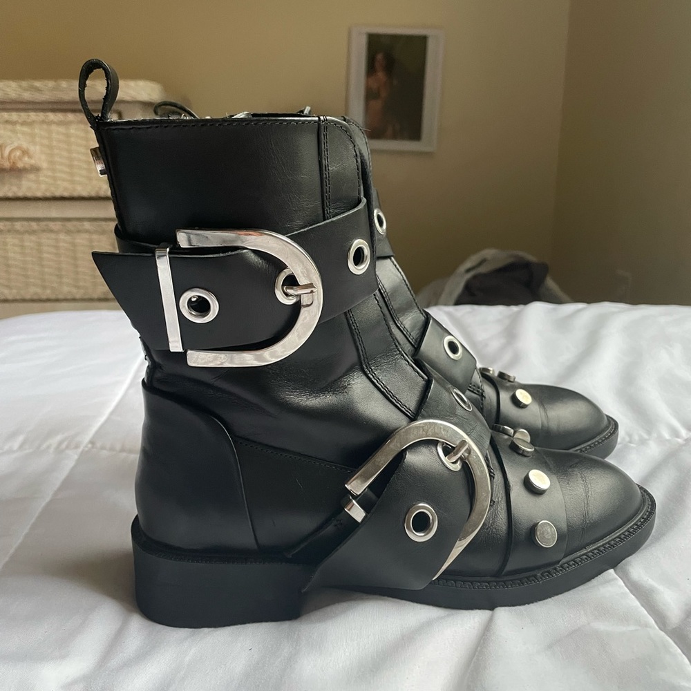 Zara Black Leather Buckle Boots